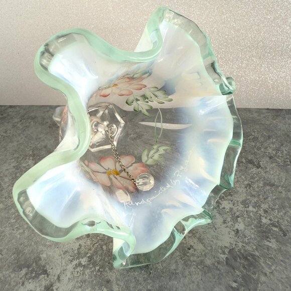 Fenton Opalescent Meadow Beauty Green Crest Hand-painted Bell 6.5” - Picture 5 of 6